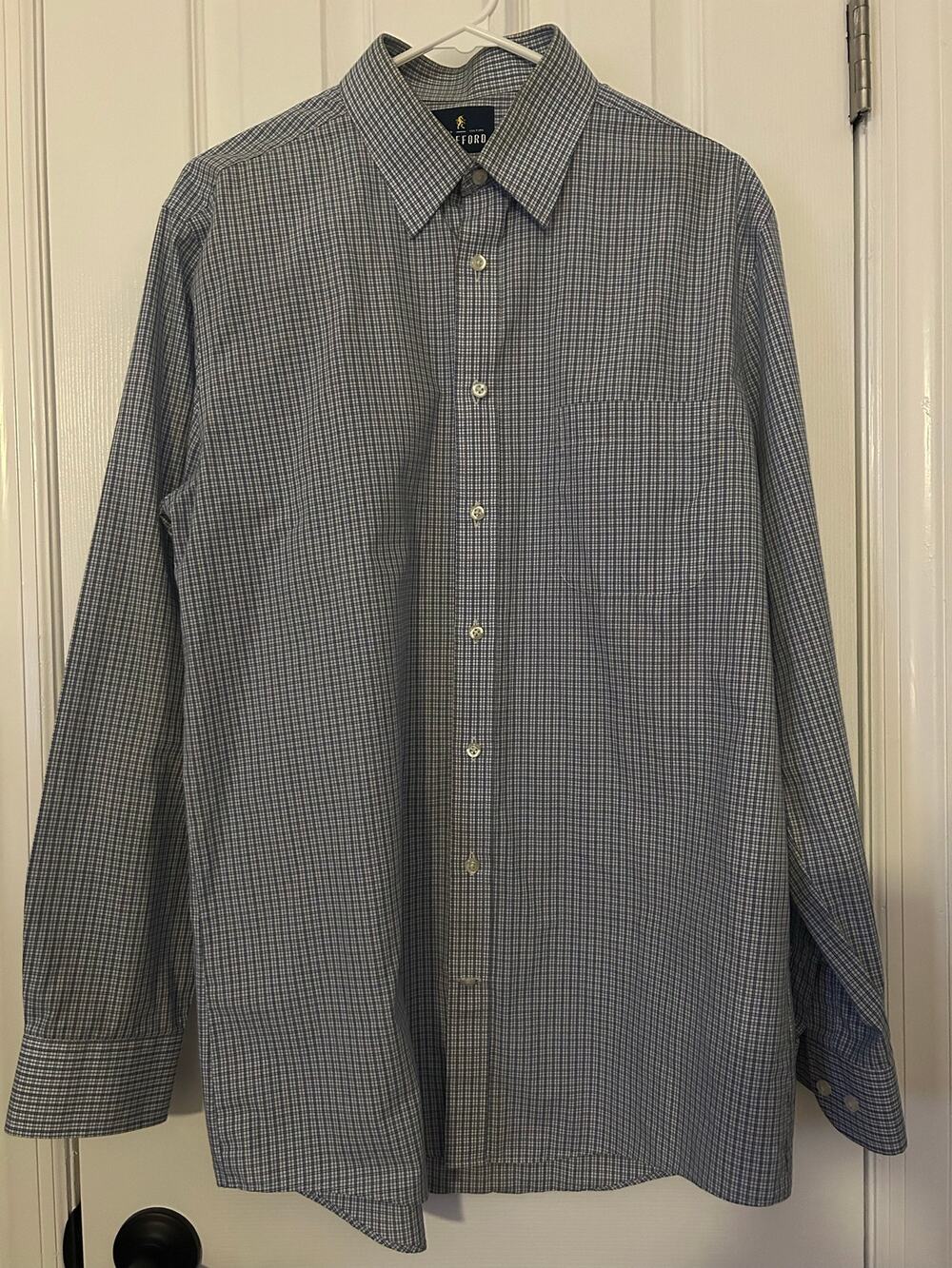 Stafford Men Blue Micro Check Dress Shirt 16 34 35 Fitted Travel Performance
